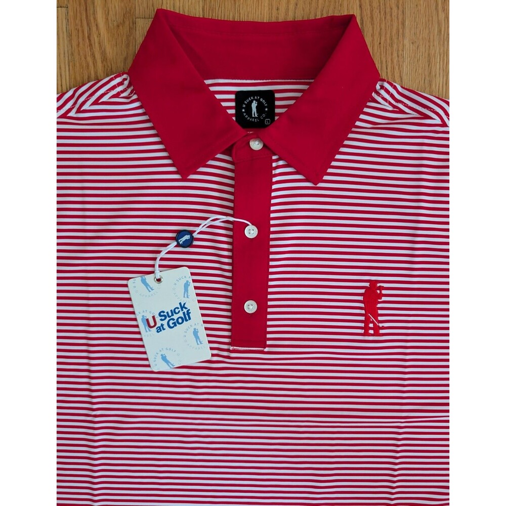 U Suck At Golf Polo Shirt Mens Large Golf Beer Logo USAG Preppy Red White NWT